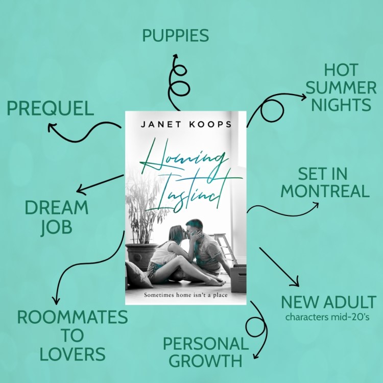 Image of Homing Instinct book cover with text: book includes: puppies, hot summer nights, set in montreal, new adult characters, roommates to lovers, dream job, and it is the prequel to the lost and found family series