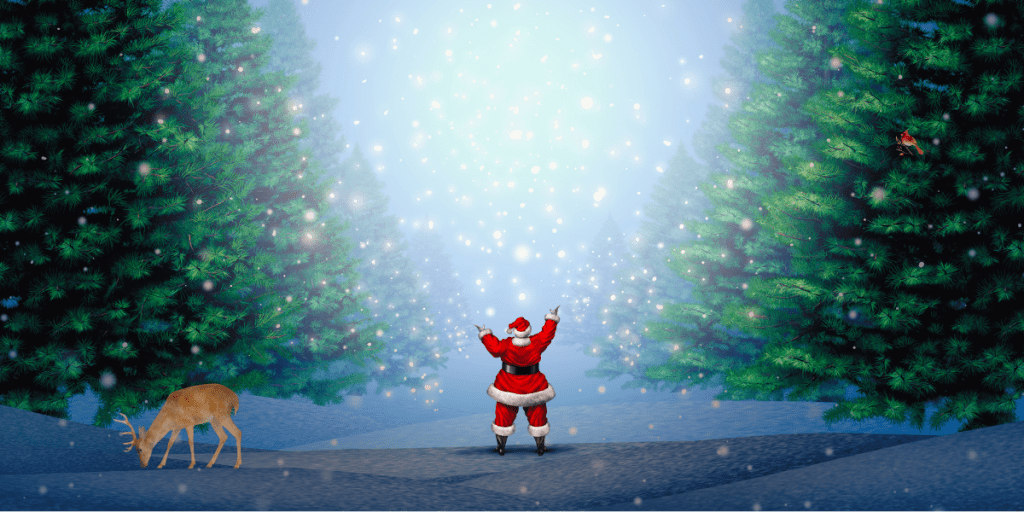 Santa between two large pine trees, his arms raised welcoming Christmas magic.