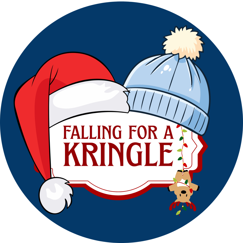Logo for the Kringle romance series. Santa hat and blue winter hat.